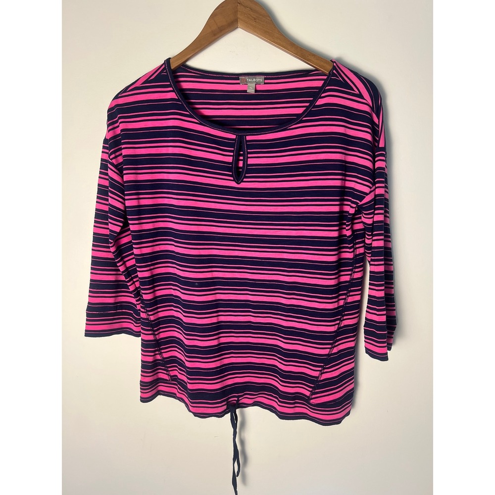Talbots Striped Top Wm M Petite Pink Navy 3/4 Sleeve Drawstring Hem